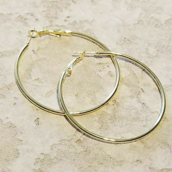 Sleek Gold Tone Large Hoop Earrings 50mm 2" Leverback Dangle Minimalist Classic - Picture 4 of 6